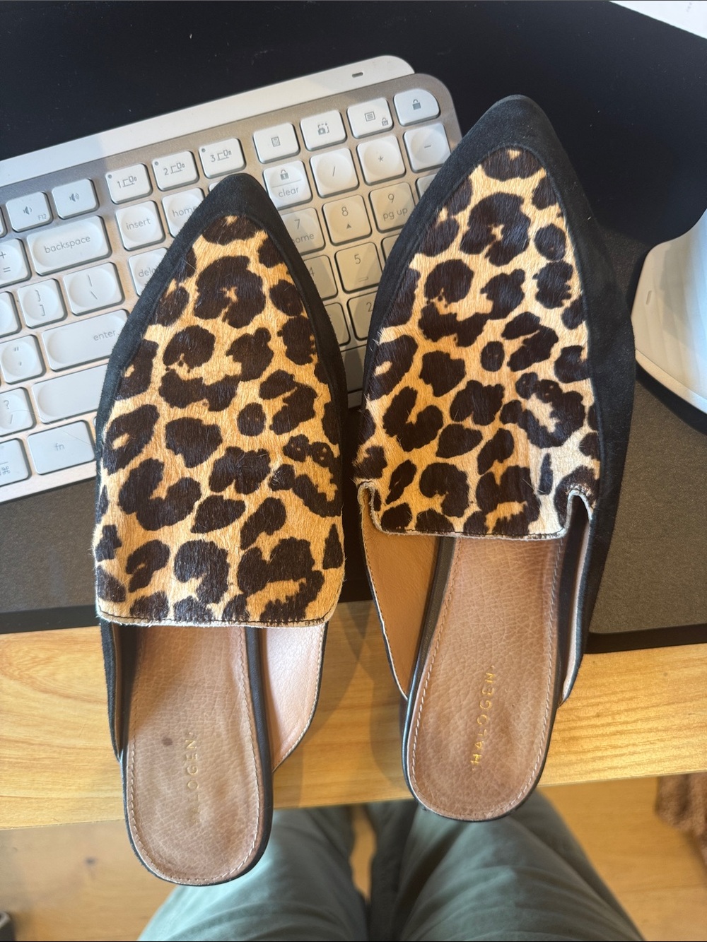 Halogen Leopard-Print Pointed Toe Slip-On Mules - Black/Tan
